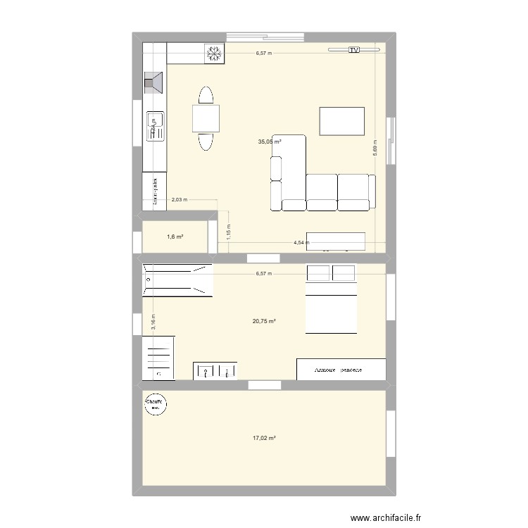 Séchoir. Plan de 4 pièces et 74 m2