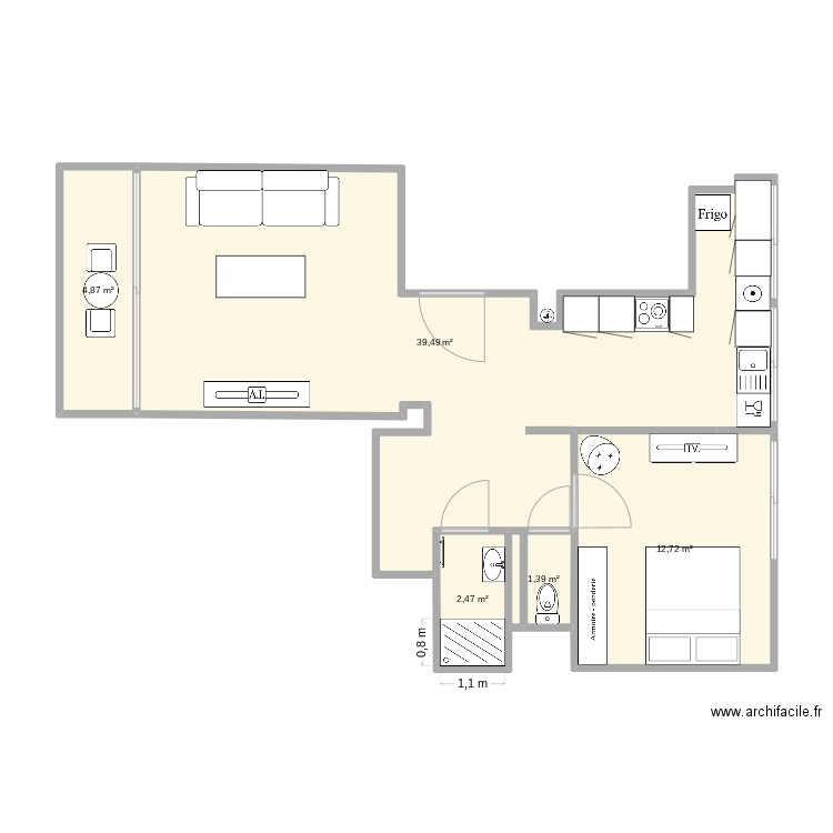 T2 Mimli. Plan de 5 pièces et 61 m2