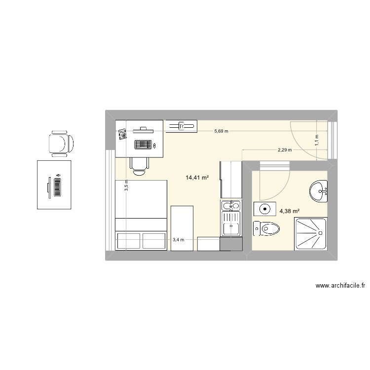 Version 2. Plan de 2 pièces et 19 m2