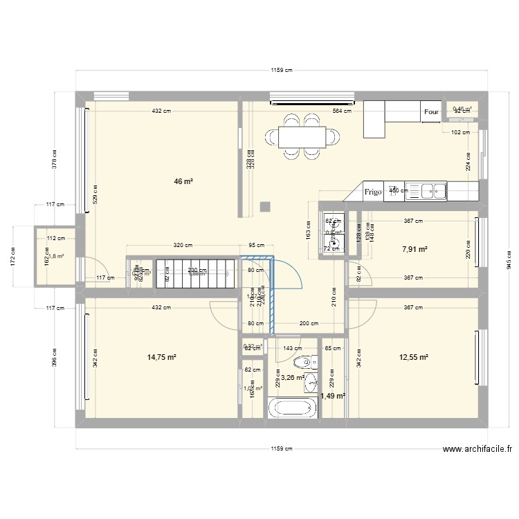 Logement. Plan de 14 pièces et 94 m2