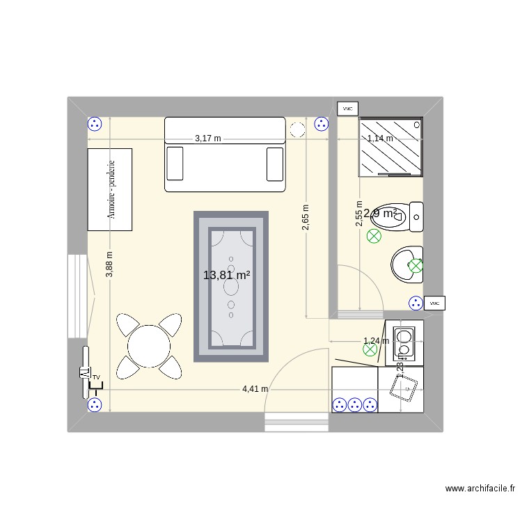 Villers. Plan de 2 pièces et 17 m2