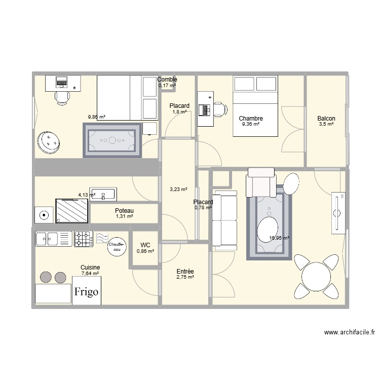 Appart Coloc. Plan de 13 pièces et 62 m2