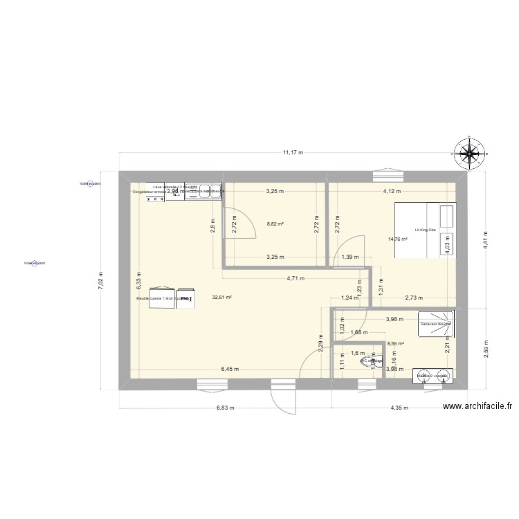 maison 1 chambre 70M2. Plan de 4 pièces et 65 m2