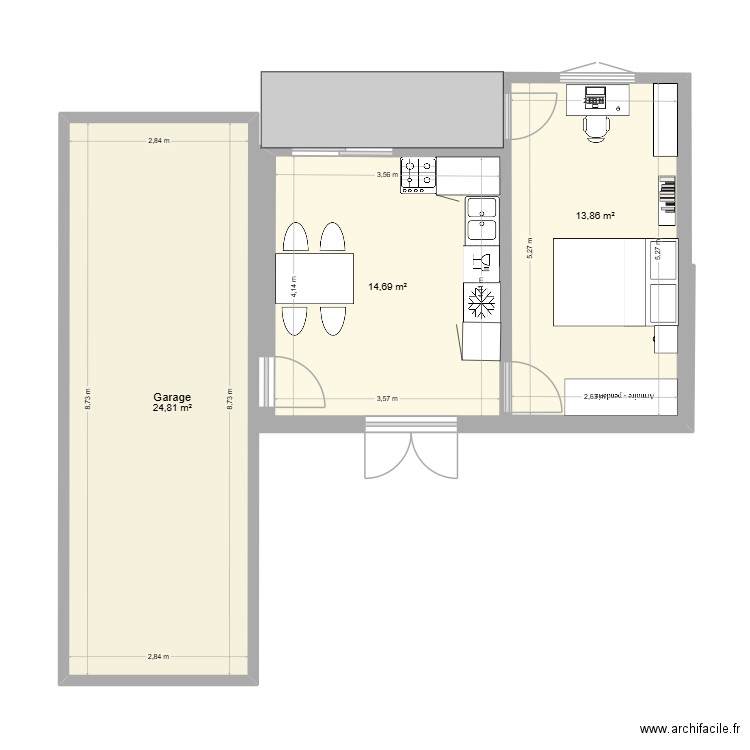 cuisine et chambre. Plan de 3 pièces et 53 m2