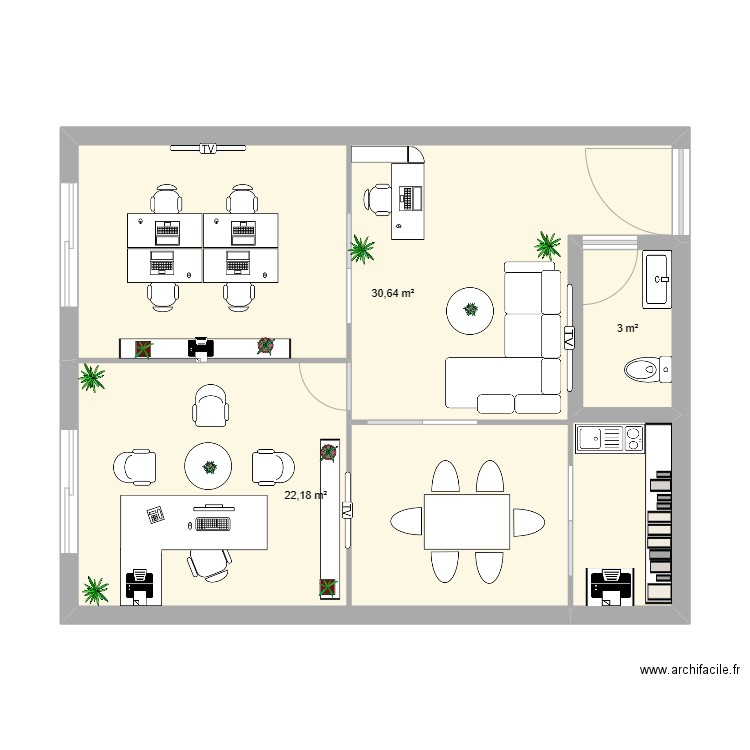 Bureau niza 2. Plan de 3 pièces et 56 m2