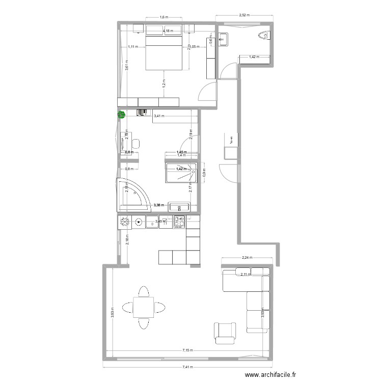 cuisine éléments bas sans mur côté hall. Plan de 3 pièces et 20 m2