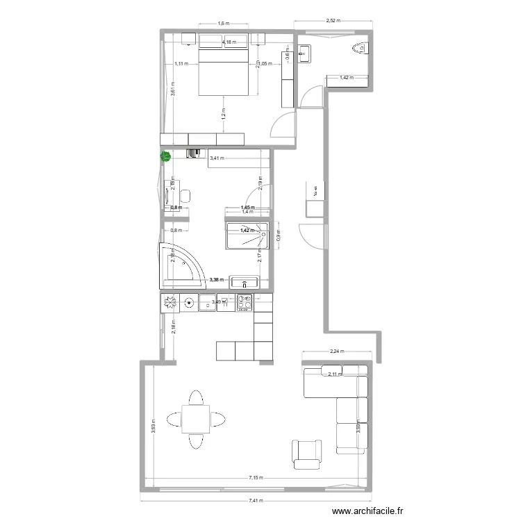 cuisine &eacute;l&eacute;ments bas sans mur c&ocirc;t&eacute; hall. Plan de 