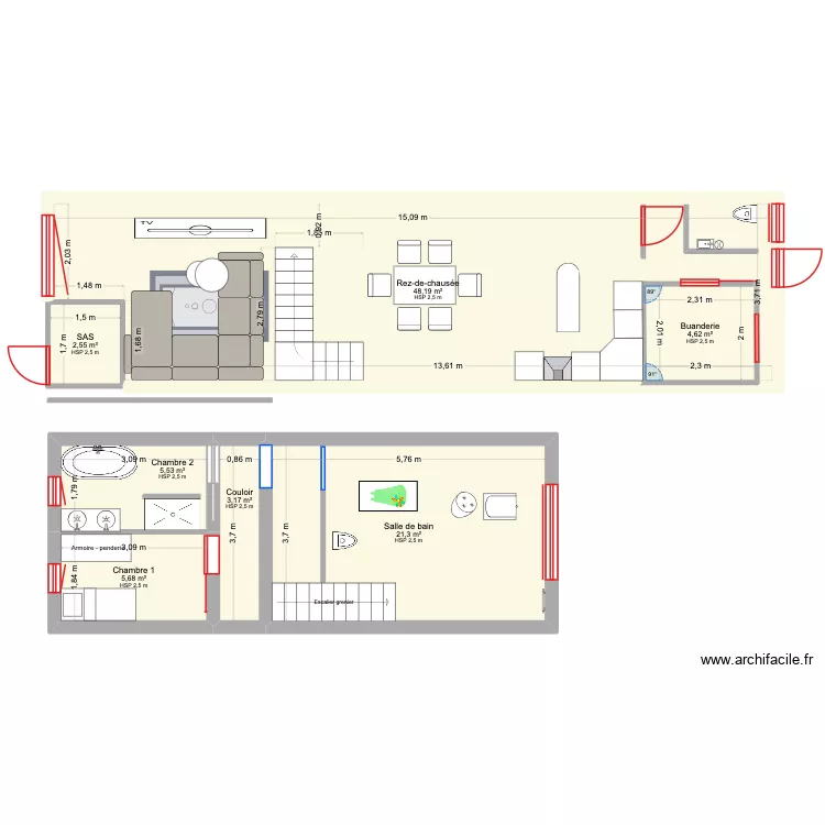 maison. Plan de 7  et 96 m²