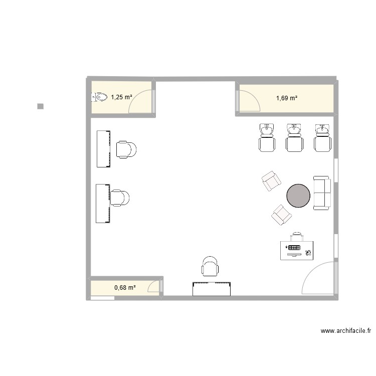 coiffure. Plan de 3 pièces et 4 m2