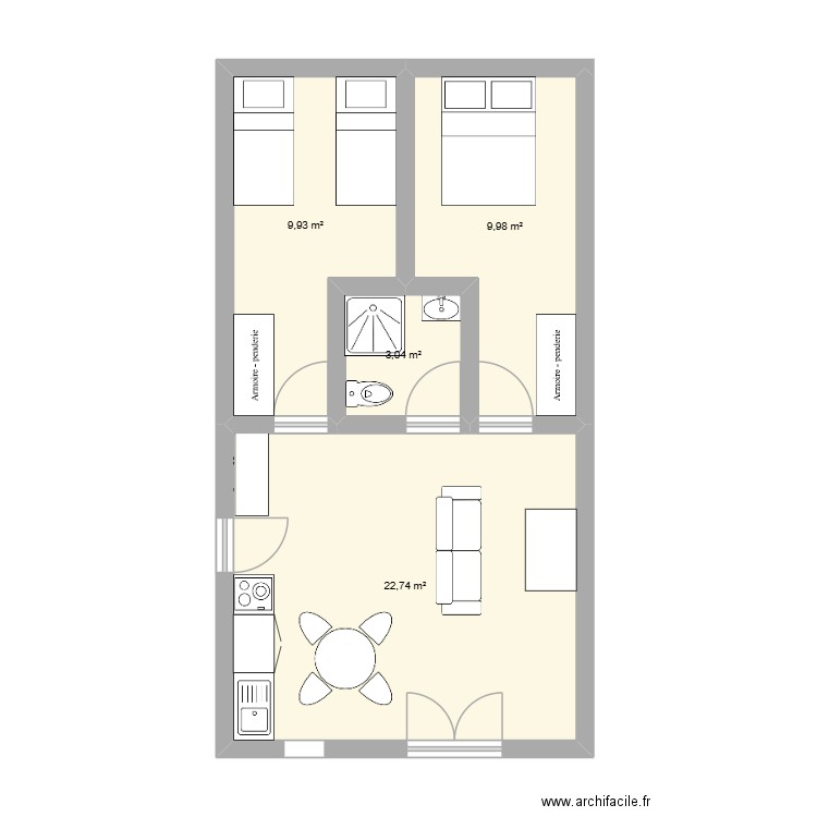 cuvage. Plan de 4 pièces et 46 m2