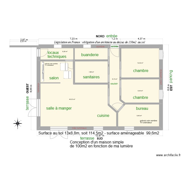 Maison Sud 100m2 03. Plan de 7 pièces et 94 m2