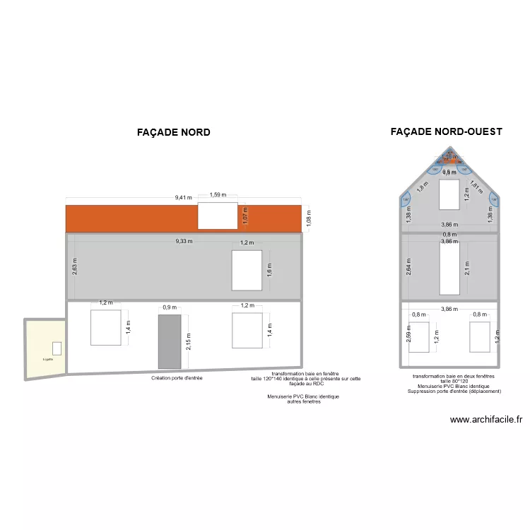 Façade 3 fenêtres simples. Plan de 7 et 83 m² Façade 3 fenêtres simples. Plan de 7 et 83 m²
