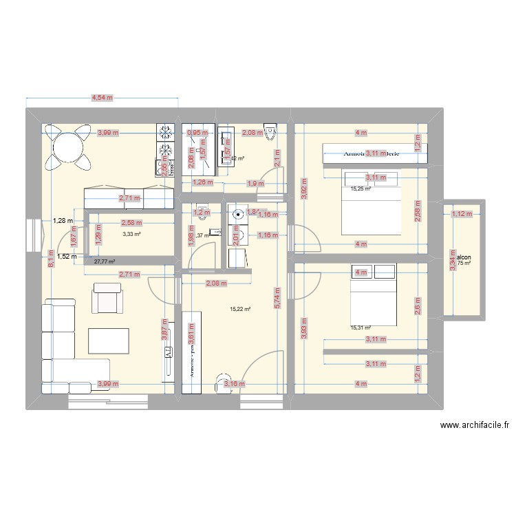 Ljubosta. Plan de 8 pièces et 89 m2