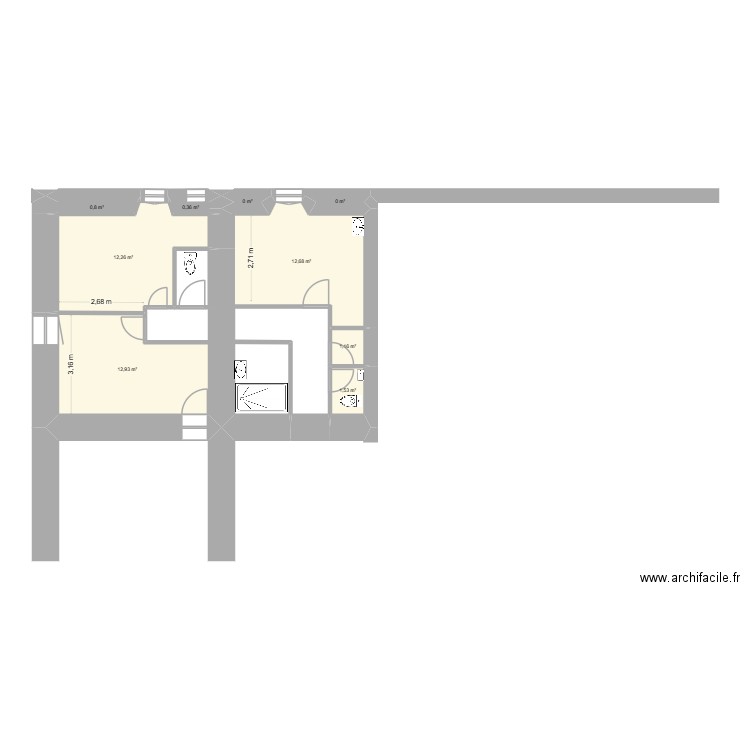existant 1°étage. Plan de 9 pièces et 42 m2