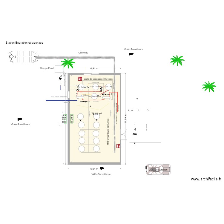 Circuit Glycol Eau Chaude. Plan de 1 pièce et 75 m2