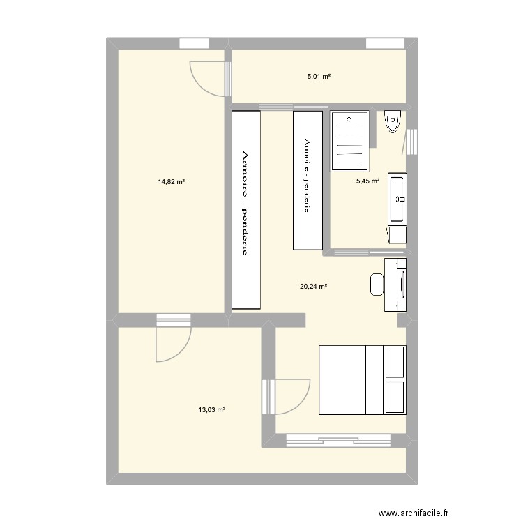suite parentale en bas. Plan de 5 pièces et 59 m2