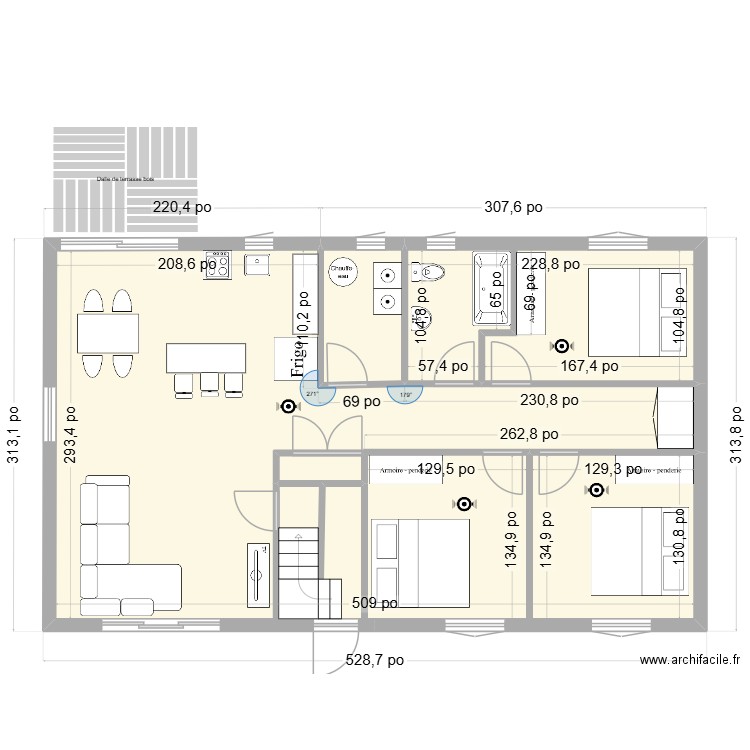 RDC existant. Plan de 3 pièces et 94 m2