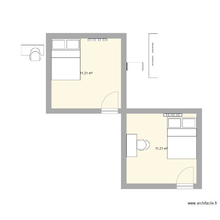 chambre. Plan de 2 pièces et 22 m2