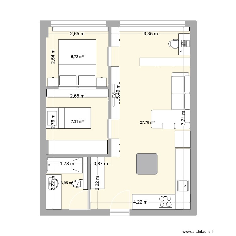 Double Chambre Sans objet. Plan de 4 pièces et 46 m2