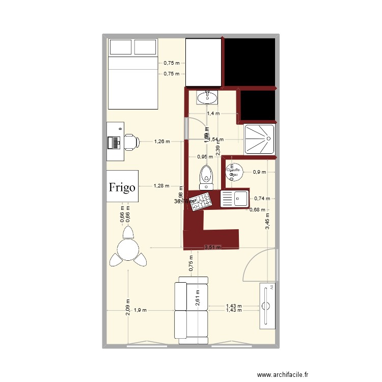 plan 3 chez Thomas. Plan de 3 pièces et 40 m2