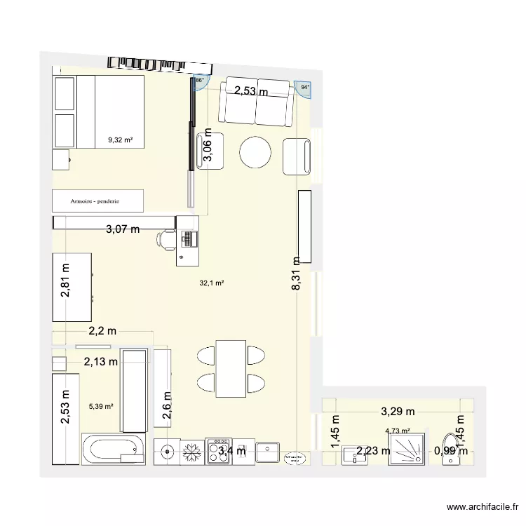 atelier sans courette 3. Plan de 4  et 52 m²
