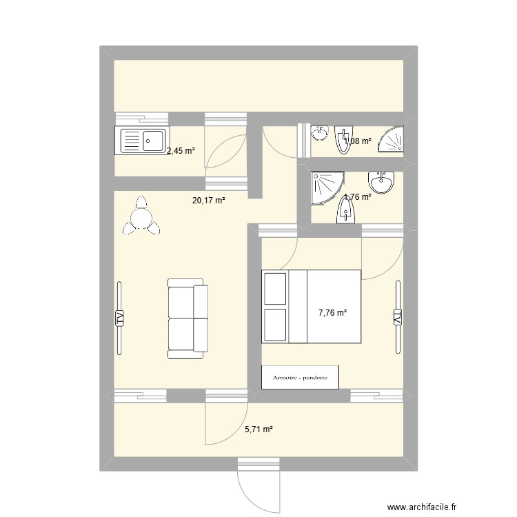 2 pieces. Plan de 6 pièces et 39 m2