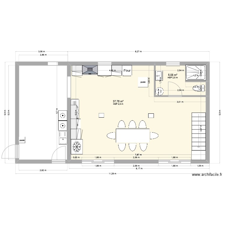 les villattes cuisine. Plan de 2 pièces et 43 m2
