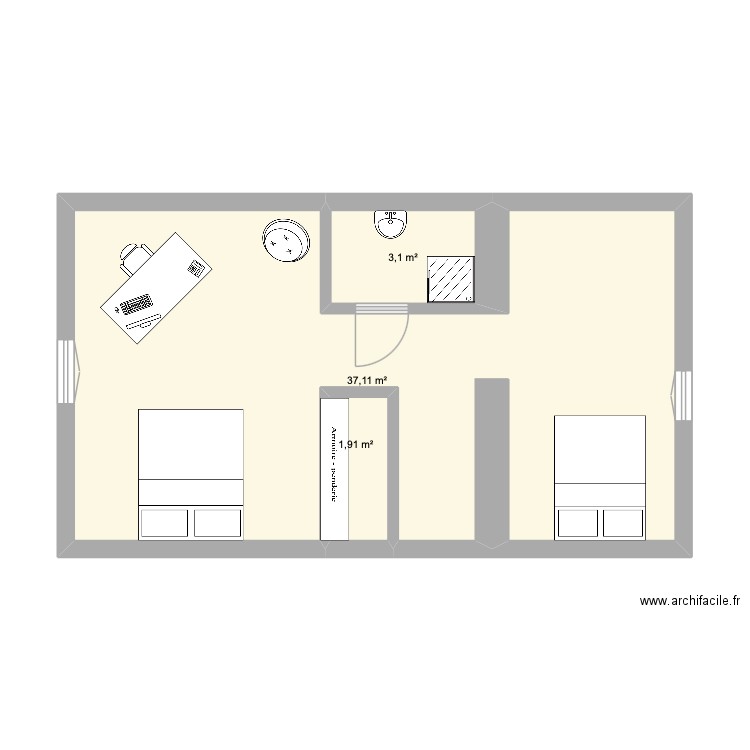 ETAGE. Plan de 3 pièces et 42 m2