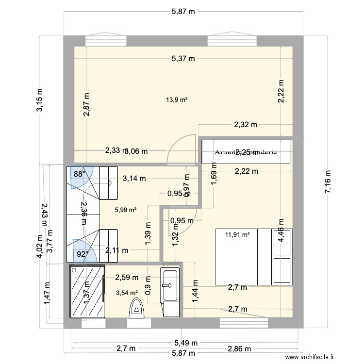 87 GS 1er étage avec douche et agrandissement SDB et 2 CH. Plan de 4 pièces et 35 m2