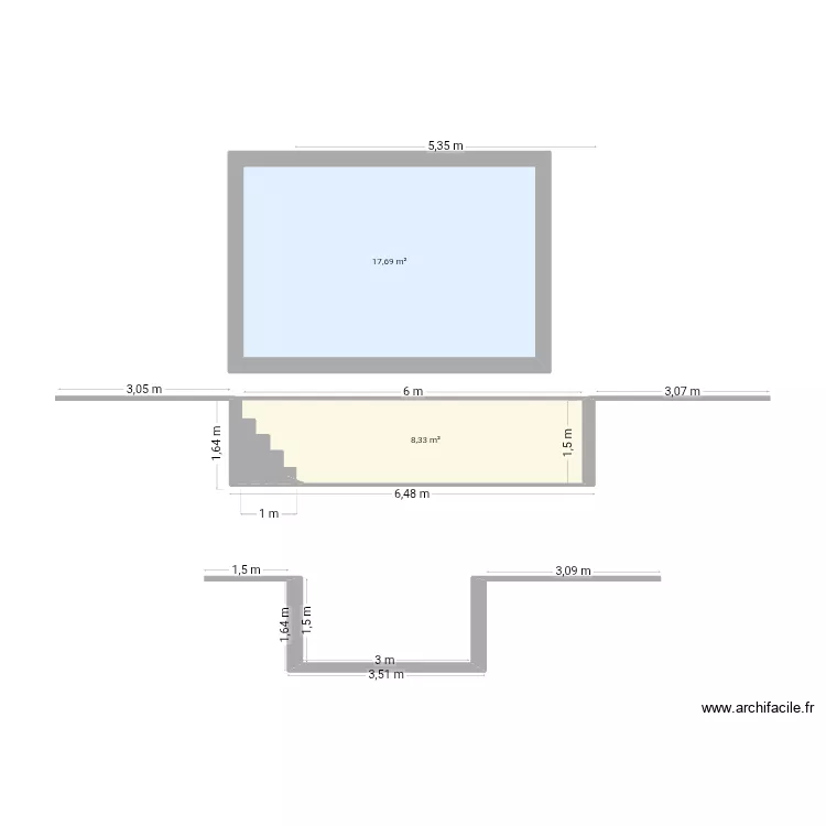 Piscine plan en coupe 1. Plan de 2  et 26 m²