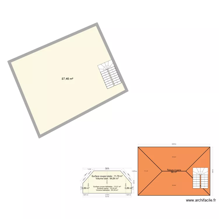 Surface habitable combles loi Carrez. Plan de 1  et 87 m²
