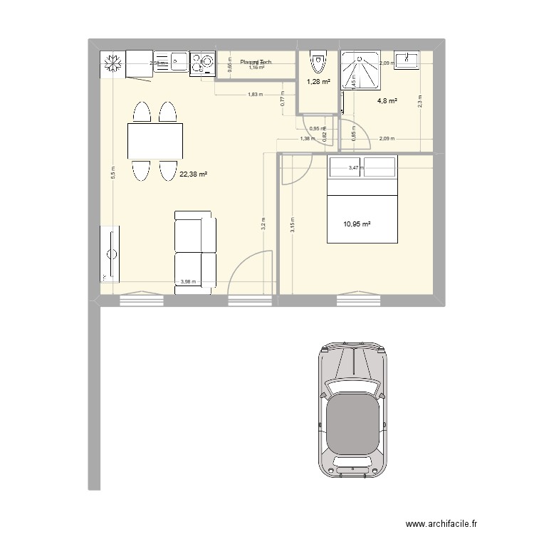 Studio. Plan de 5 pièces et 41 m2