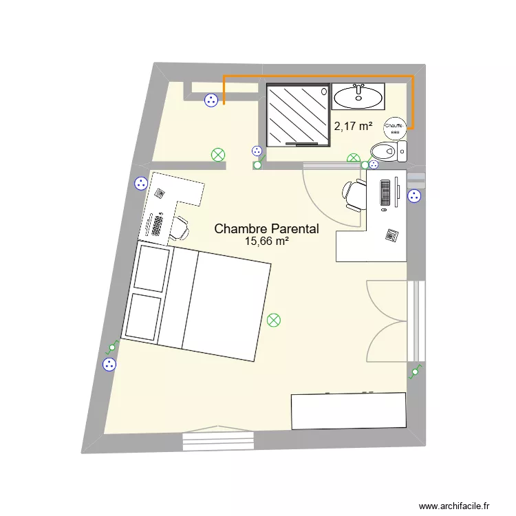 chambre parental. Plan de 2  et 18 m²
