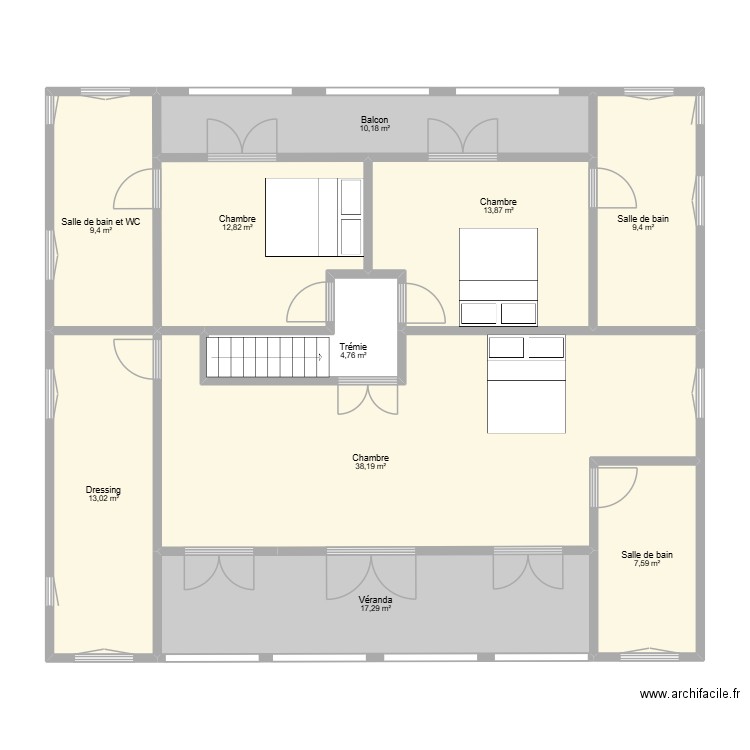 Gaël Etage 3 chambres escalier. Plan de 10 pièces et 137 m2