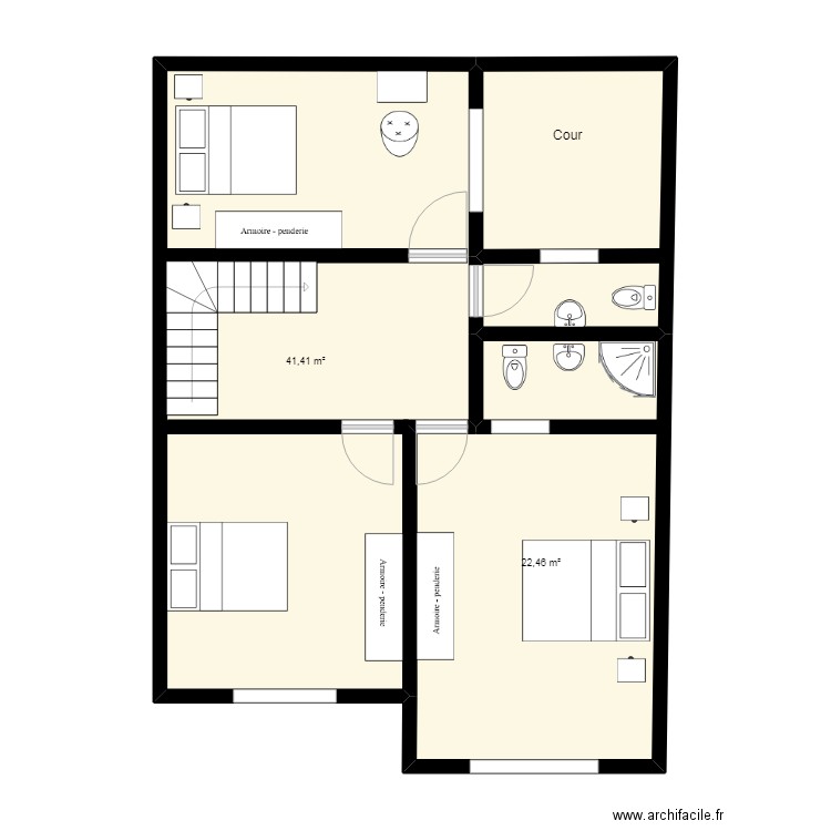 palier 2. Plan de 3 pièces et 75 m2
