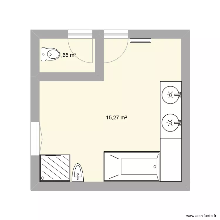 O'CONNOR salle de bain actuelle. Plan de 2  et 17 m²