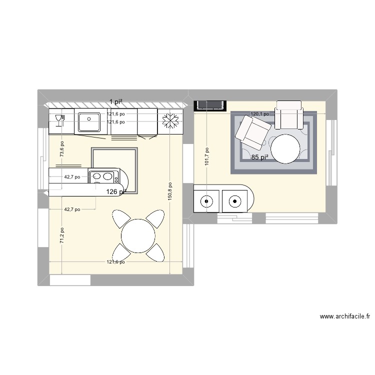 Cuisine milieu. Plan de 3 pièces et 20 m2