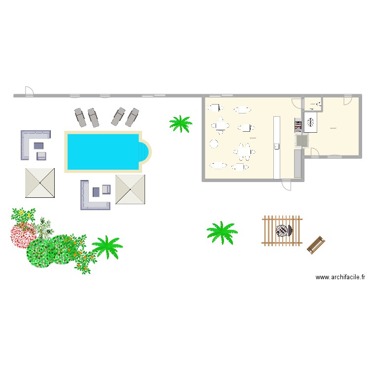 Terrasse arrière maison. Plan de 3 pièces et 114 m2