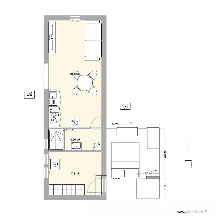 studio sans mezz. Plan de 3  et 29 m²