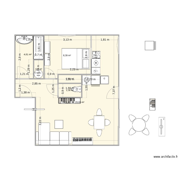 appart 2. Plan de 6 pièces et 46 m2