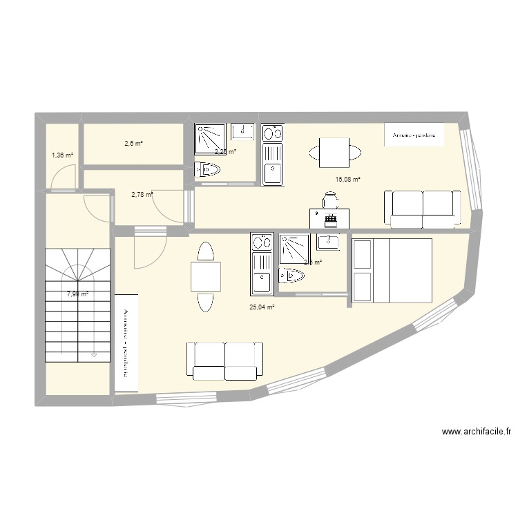 Studios Meurice 3. Plan de 8 pièces et 60 m2