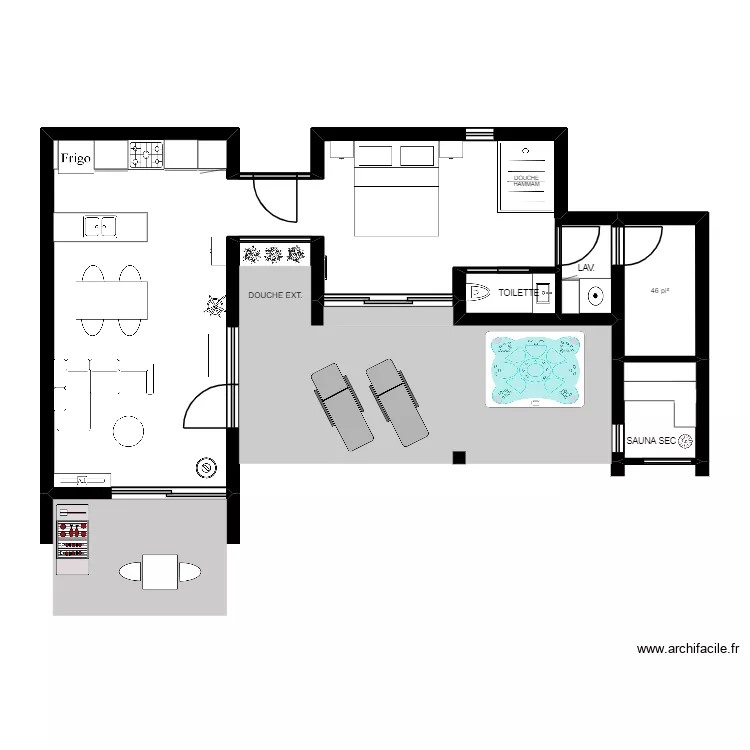 Chalet avec passerelle allong&eacute;. Plan de 5  et 55 m²