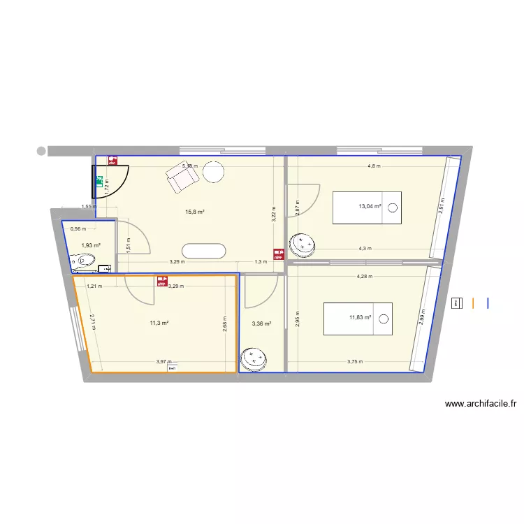 Local Dandy V2. Plan de 6 pièces et 57 m²