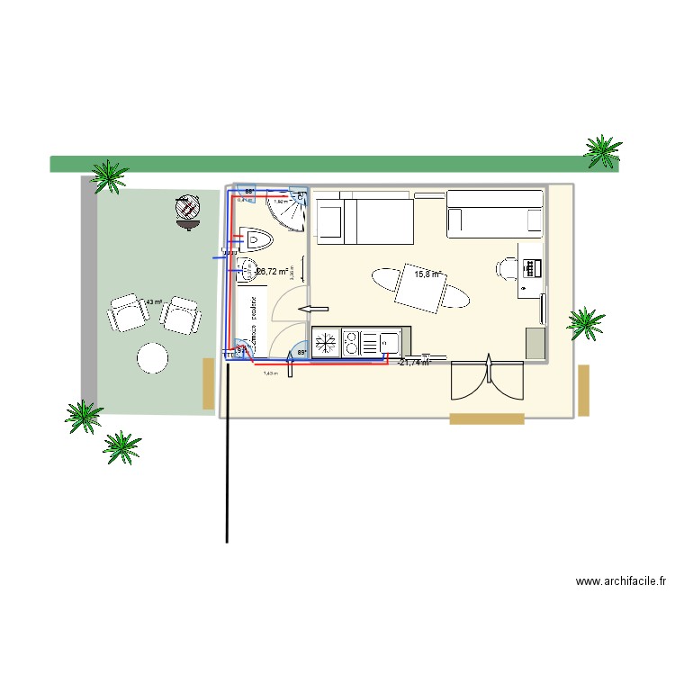 Kerg v 25 7 alim eau. Plan de 3 pièces et 30 m2
