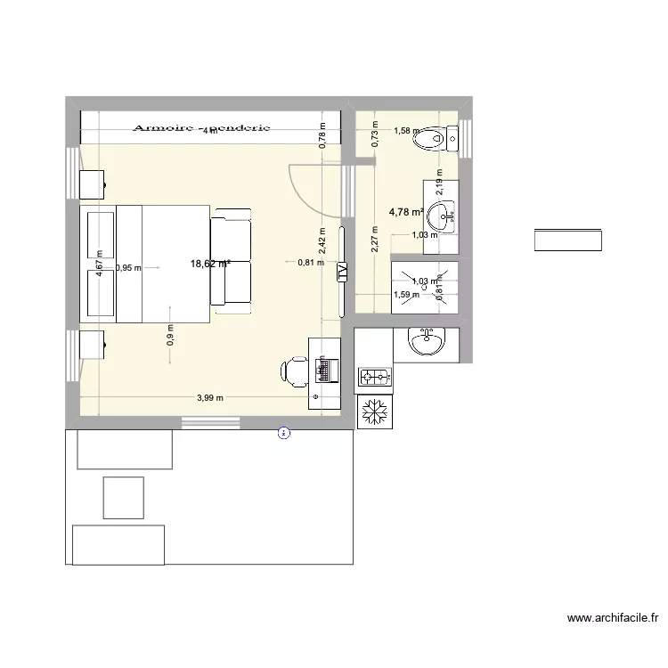 BUNGALOW 4.3 Yllan chambre JUIN 26. Plan de 2  et 23 m²