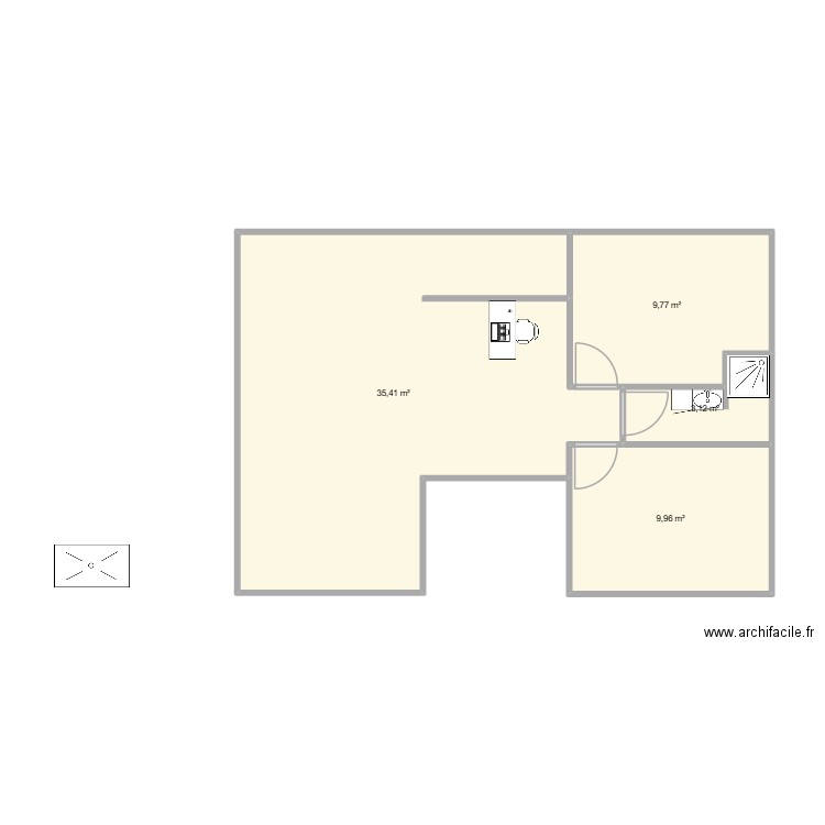 En T. Plan de 4 pièces et 58 m2