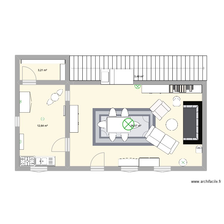 Rez de chaussé. Plan de 4 pièces et 56 m2