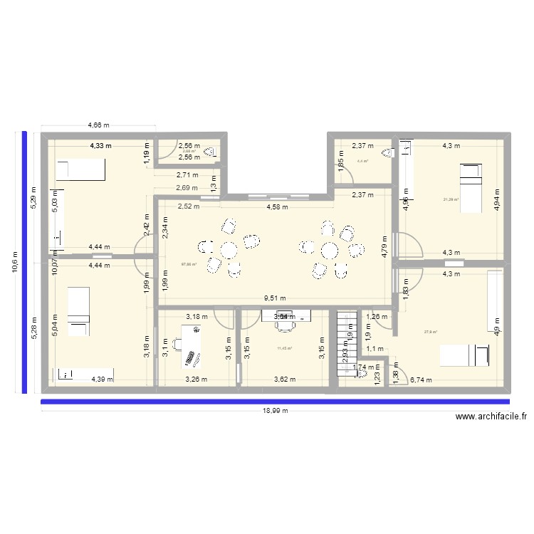 plan en H. Plan de 6 pièces et 166 m2