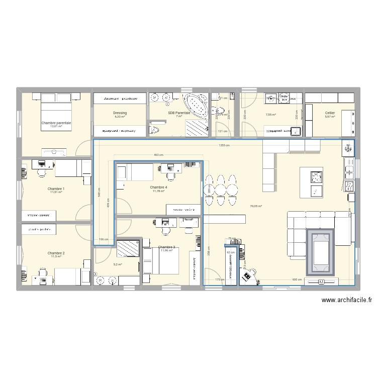 Maison Plain Pied. Plan de 12 pièces et 164 m2