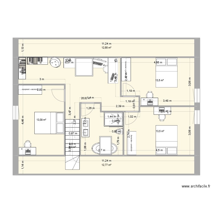 Plan maison 12x9 ETAGE. Plan de 7 pièces et 93 m2